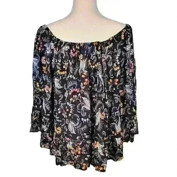 BLACK TUNIC Top ON or OFF SHOULDER Ruffle Hem and Cuff Lightweight size 1x XL - Picture 10 of 11